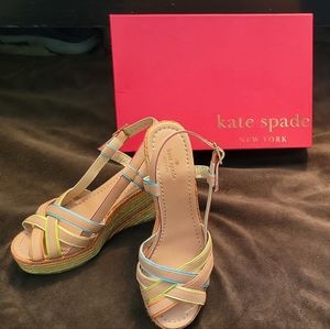 Kate spade Drayden Sandal, Size 9. Tan leather edged w/colored ribbon.